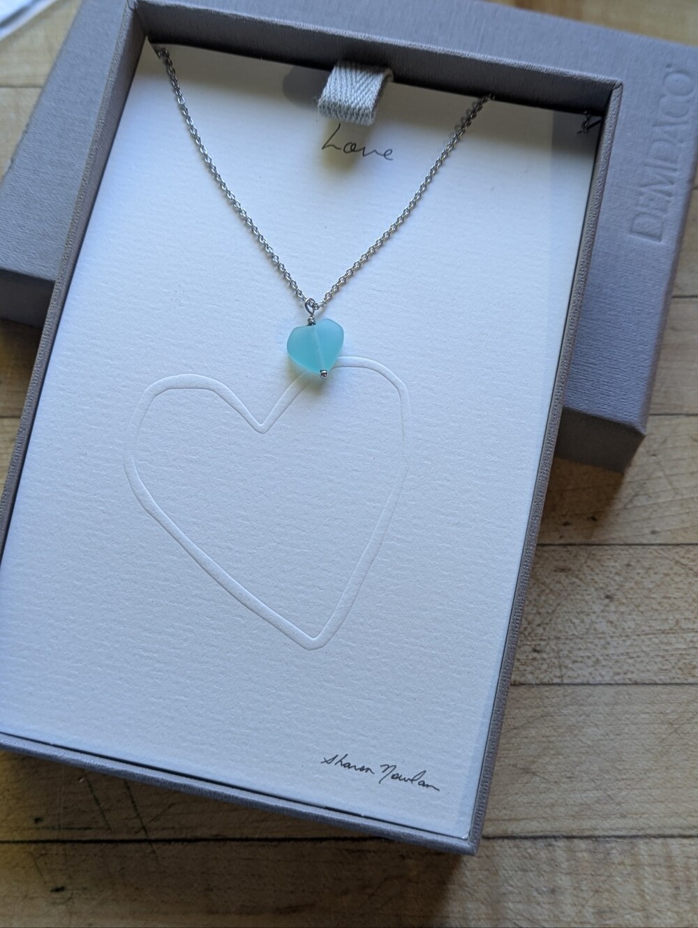 Sea Glass Heart Necklace - Light Green Blue On Silver Tone Chain.